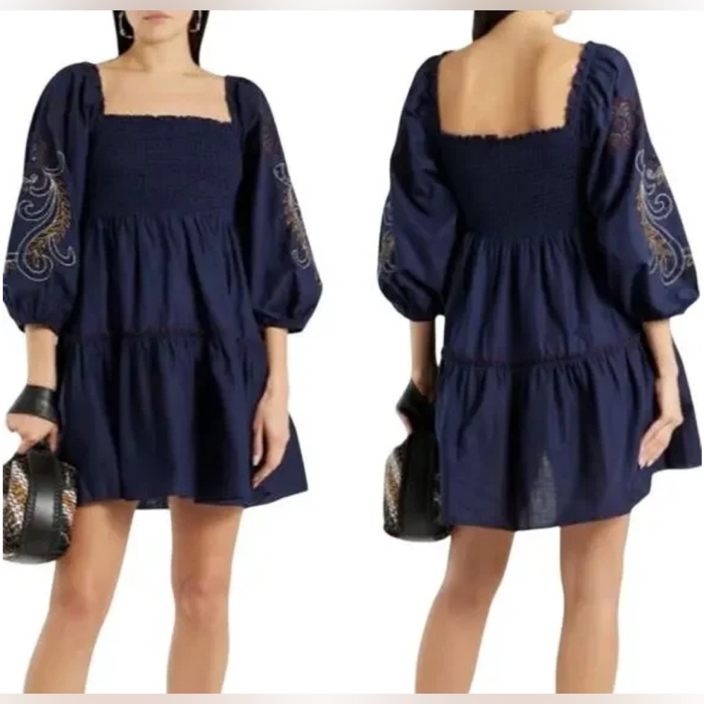 SACHIN & BABI 100% Linen Lola Midnight Mini Dress Women’s M Smocked Embroidered